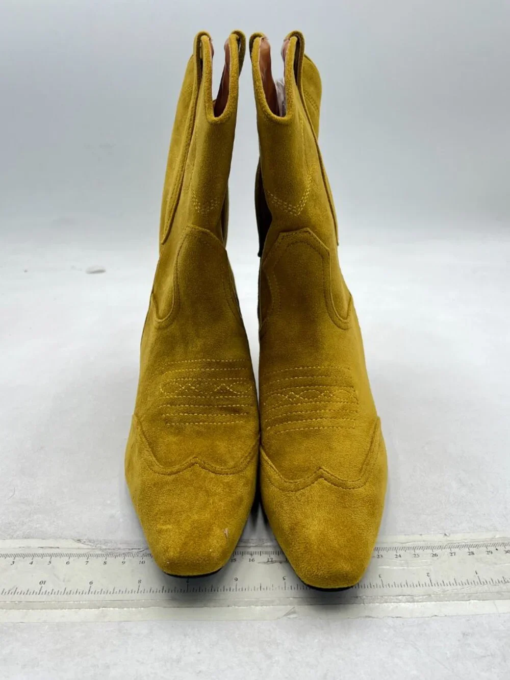 FSJ Goldenrod Suede Square Toe Comfort Kitten Low Heel Ankle Boot Pull On Boot